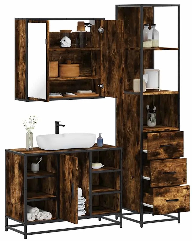 vidaXL Set mobilier de baie, 3 piese, stejar fumuriu, lemn prelucrat