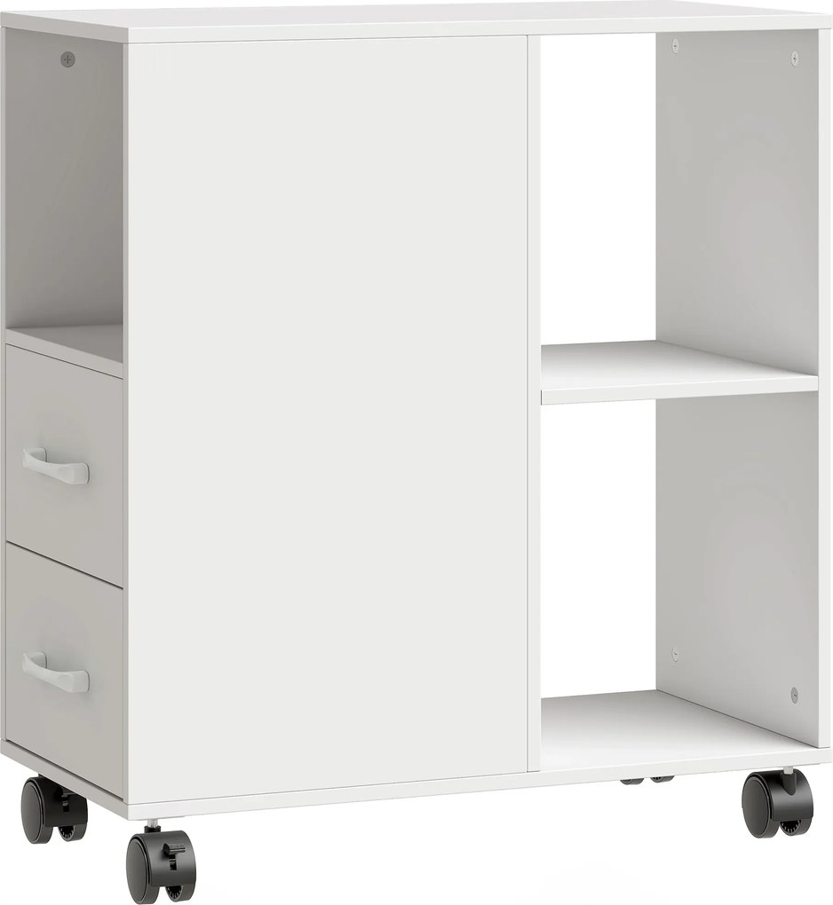 HOMCOM Măsuță de Living cu Roți, 2 Sertare, Raft Deschis și Poliță Reglabilă, Măsuță pentru Dormitor sau Living, 60x30x65 cm, Alb | Aosom Romania