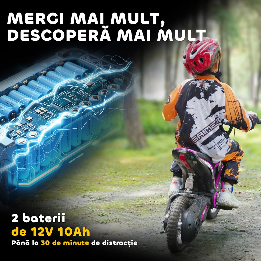 HOMCOM Motocicletă Electrică pentru Copii de 8-12 Ani cu Accelerație Manuală, și 2 Viteze, 119x64x76,5 cm, Roz | Aosom Romania