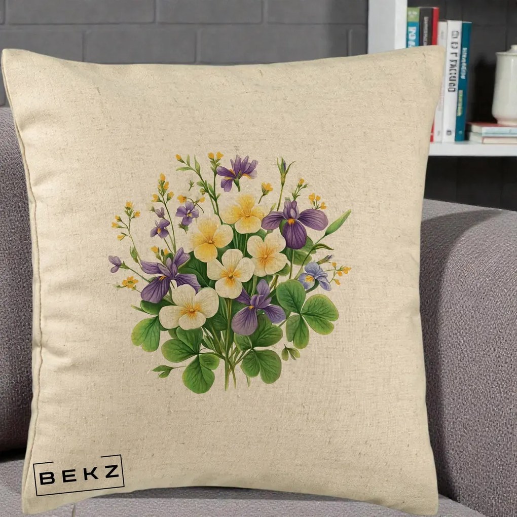 Perna Decorativa Viorele Iris Violet si Trifoi, 40x40 cm, Bej, Husa Detasabila, Perna Inclusa, BEKZ®