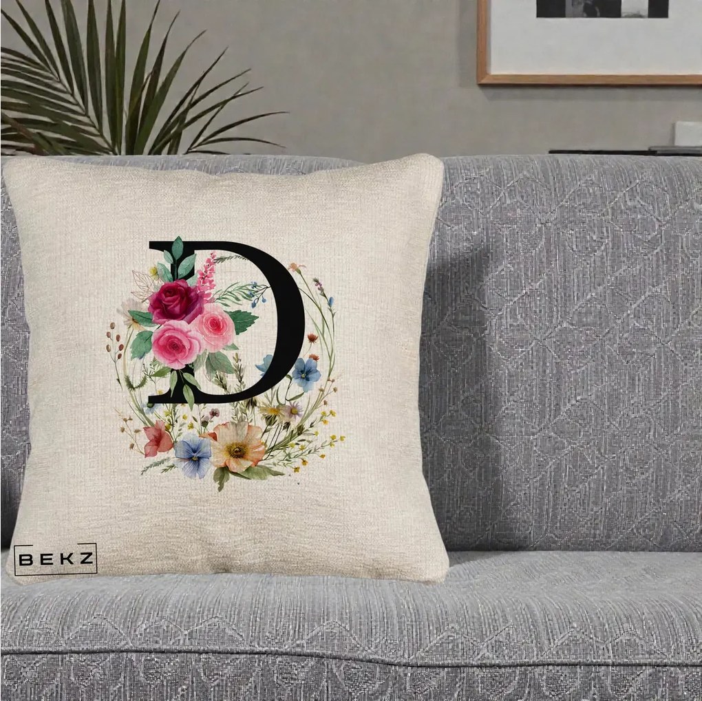 Cadou Personalizat - Perna Personalizata Monogram Litera D cu Flori Acuarela, 40x40 cm, Bej Canapea, Husa Detasabila, Perna Inclusa, BEKZ®