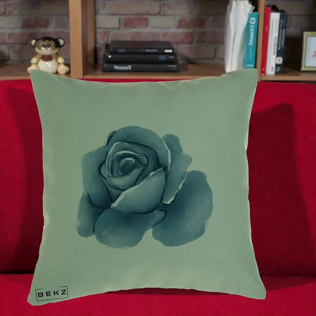 Perna Decorativa Trandafir Albastru Acuarela, 40x40 cm, Verde, Husa Detasabila, Perna Inclusa, BEKZ®