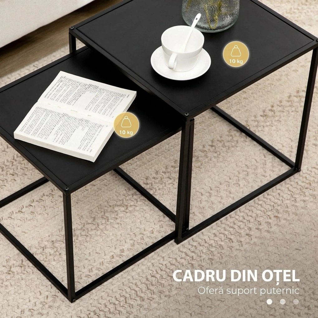 HOMCOM Set de 2 masute de cafea patrate stivuibile, masute laterale si de living din otel, alb | Aosom Romania