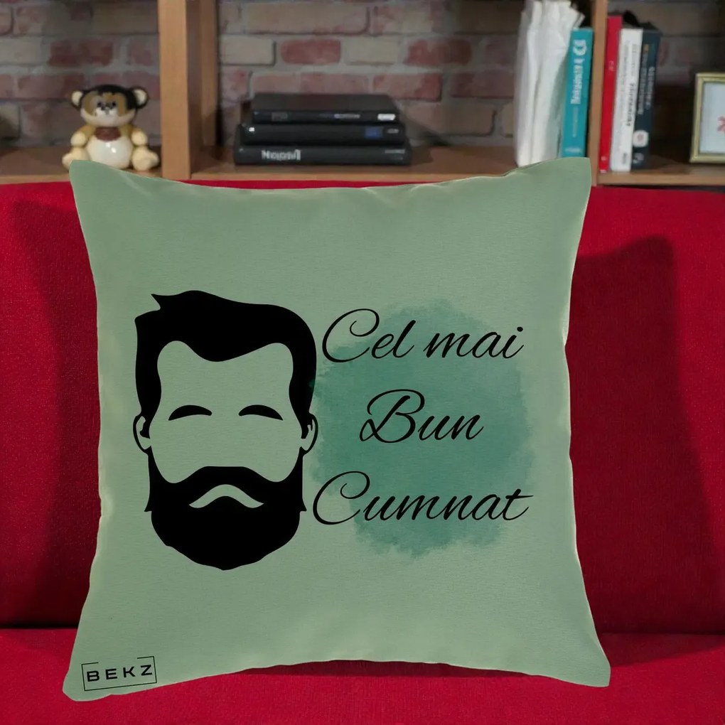 Cadou pentru Cumnat - Perna Personalizata Cel mai Bun Cumnat cu Portret Barbat si Pete Teal, 40x40 cm, Verde, Husa Detasabila, Perna Inclusa, BEKZ®