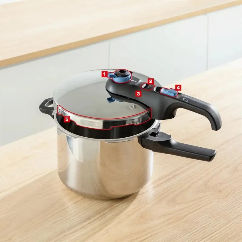 Oală sub presiune Tefal P2584301, 4/6 l, 2 moduri pentru legume și carne, Sistem de siguranță în 5 puncte, Fund cu trei straturi, Inducție, Crom