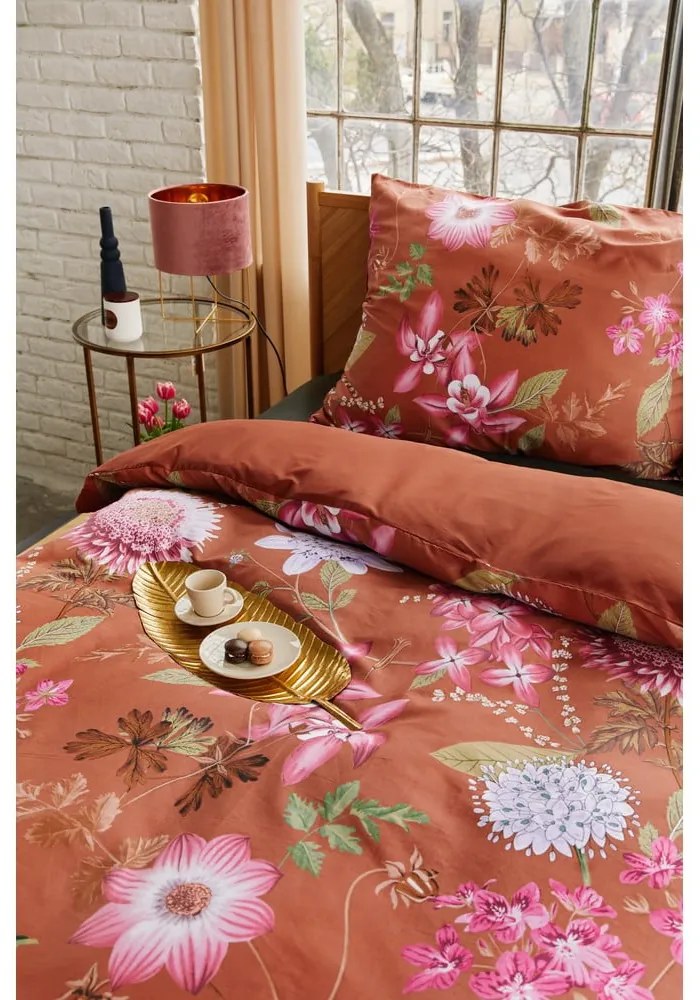 Lenjerie de pat din bumbac satinat pentru pat single Bonami Selection Blossom, 140 x 220 cm, maro teracotă