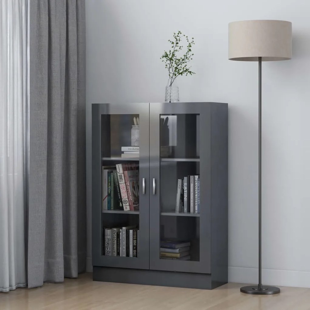 802758 vidaXL Dulap cu vitrină, gri extralucios, 82,5 x 30,5 x 115 cm, PAL