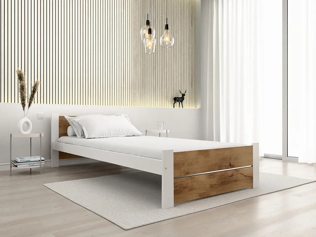Pat IKAROS DOUBLE 90 x 200 cm, stejar artisan/alb Saltele: Cu saltele Somnia 18 cm, Somiera pat: Cu lamele drepte