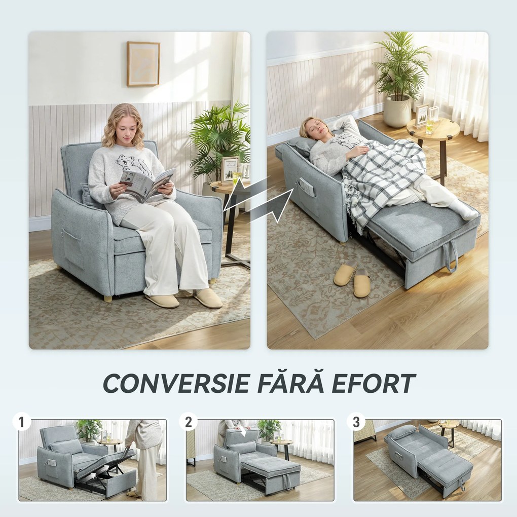 HOMCOM Fotoliu Pat 3 în 1 Pliabil, Spătar Reglabil 3 Poziții, Șezut Spațios, Pernă Detasabilă, Fotoliu Transformabil din Chenille cu Roți și Buzunare, 88x84x87 cm, Gri | Aosom Romania