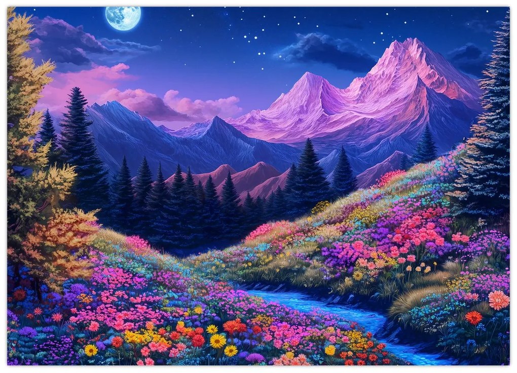 Tablou pe sticlă - Peisaj violet la lună plină (70x50 cm)