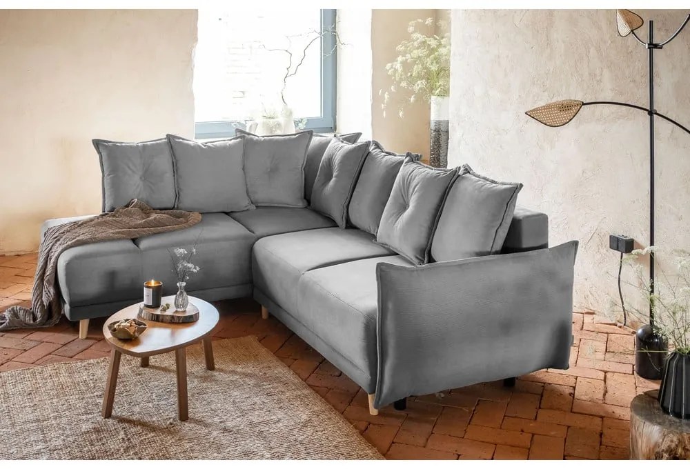 Colțar gri extensibil cu tapițerie din catifea reiată (colț stânga) Lazy Lukka – Miuform