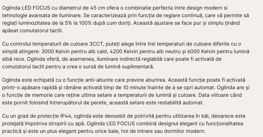 Oglinda baie cu iluminat LED dimabil IP44 FOCUS D-45cm