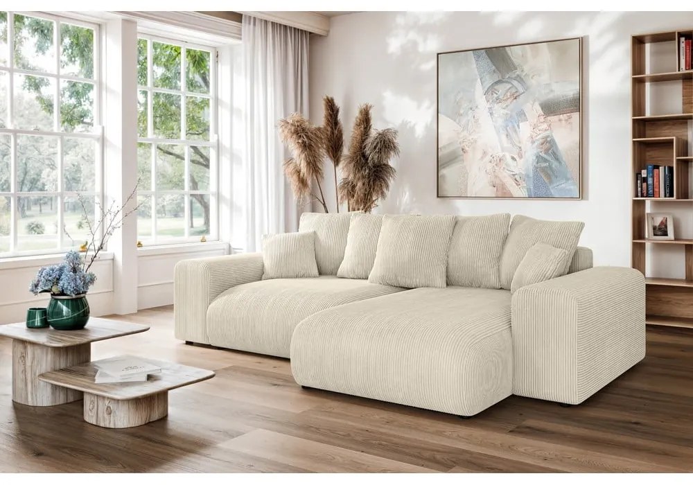 Colțar crem extensibil/cu spațiu de depozitare cu tapițerie din catifea reiată (cu colț variabil) Luma – Ropez