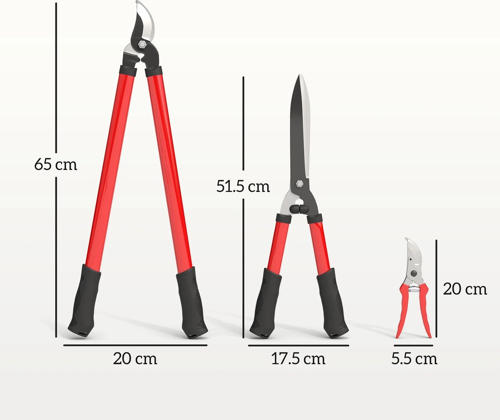 Outsunny Lot de 3 foarfece de grădină set de tăiere pentru grădinărit ferăstrău de tăiat ramuri 65cm foarfecă 51,5cm, foarfecă 20cm roșu | Aosom Romania