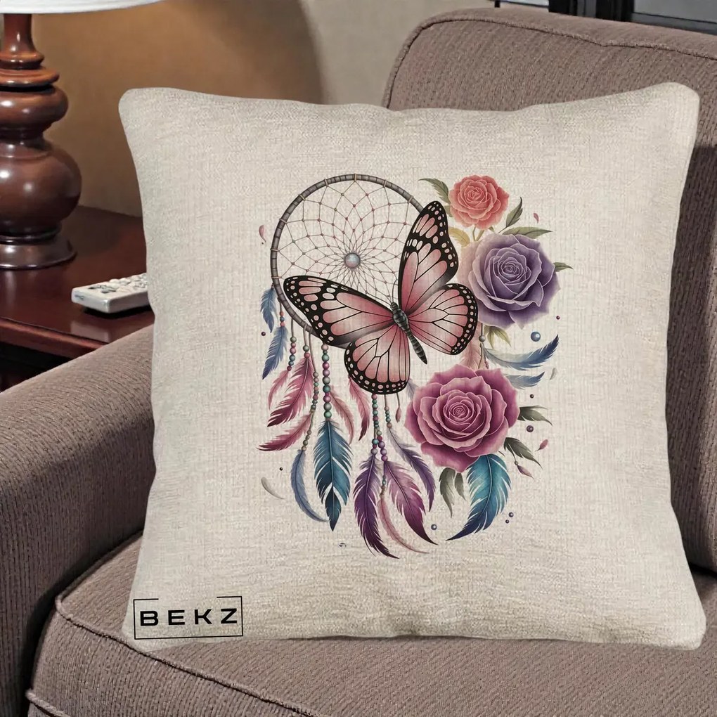 Perna Personalizata Prinzator de Vise cu Fluture si Trandafiri, 40x40 cm, Bej Canapea, Husa Detasabila, Perna Inclusa, BEKZ®