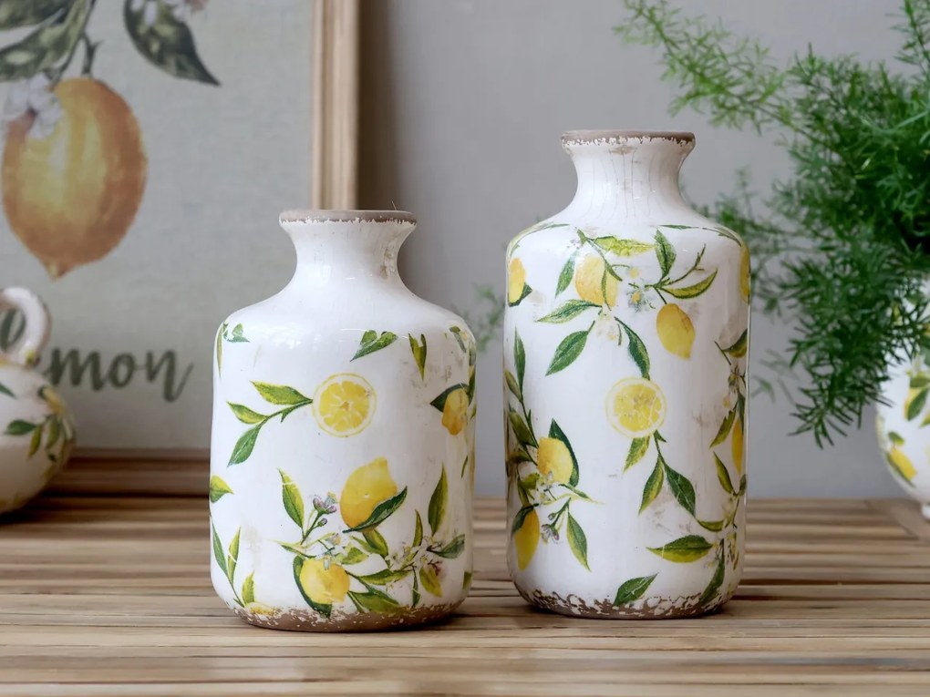 Vas decorativ din ceramică, pictat manual, crem, H21/D10 cm, Limone