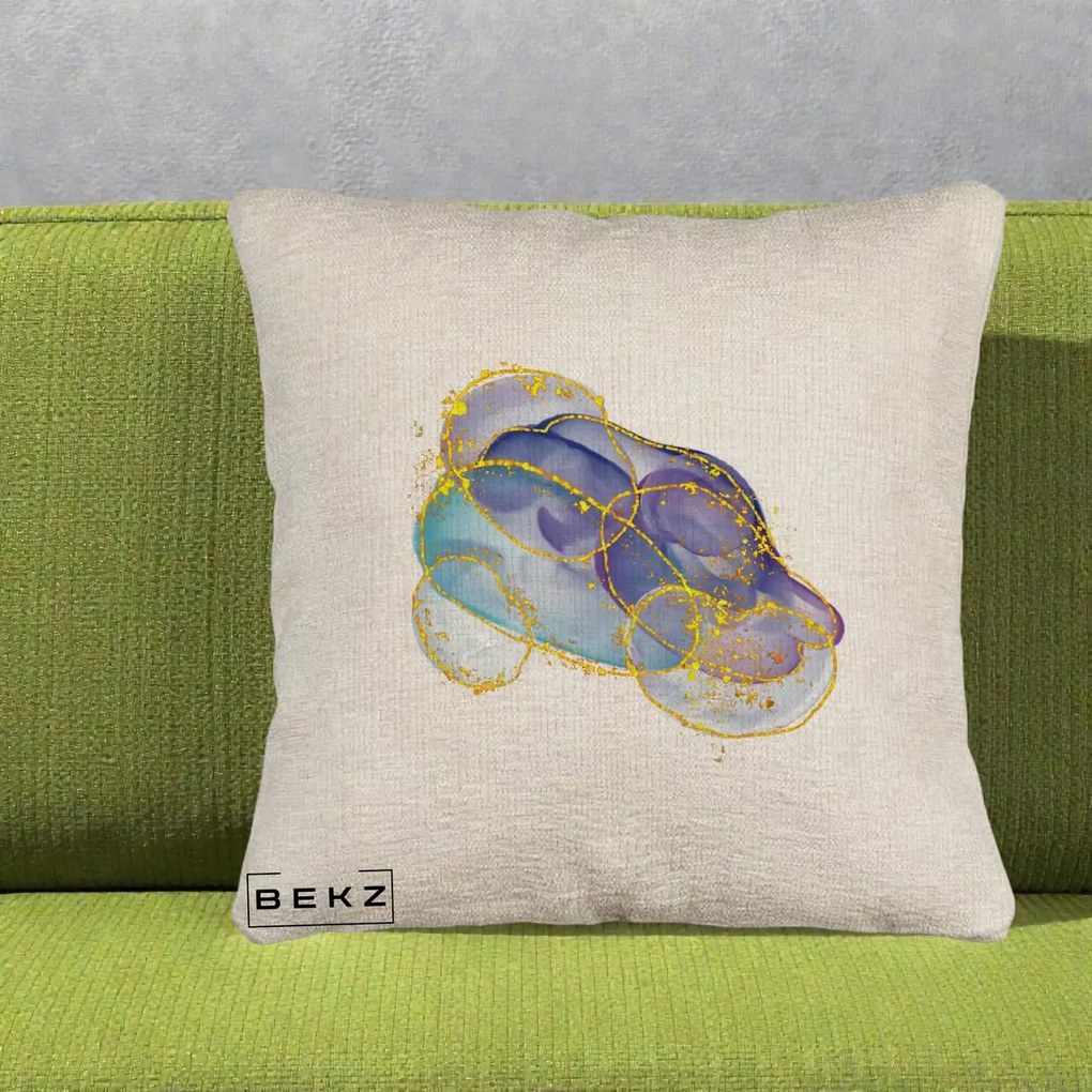 Perna Decorativa Abstract Acuarela Albastru-Mov cu Cercuri Aurii, 40x40 cm, Bej Canapea, Husa Detasabila, Perna Inclusa, BEKZ®