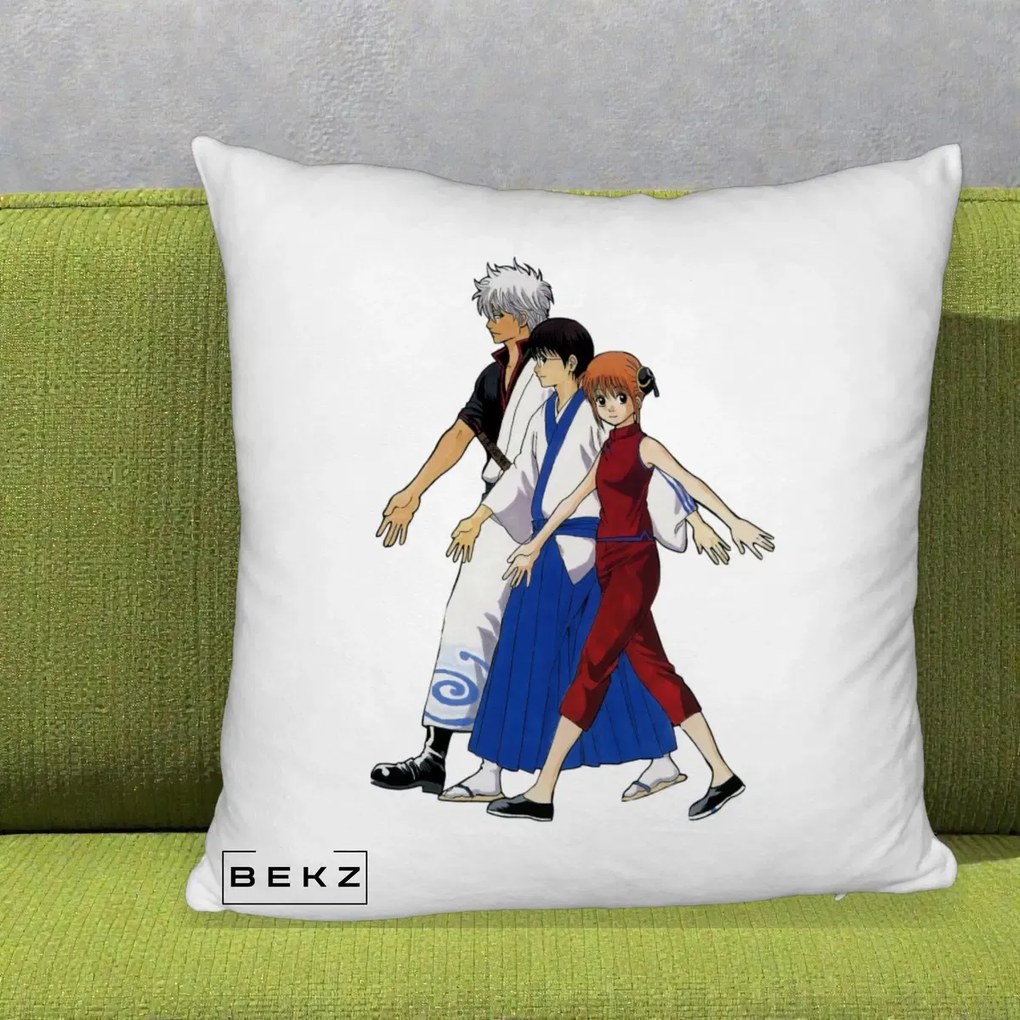 Perna Personalizata Gintama Trio Gintoki Shinpachi Kagura, 40x40 cm, Alb Pufos, Husa Detasabila, Perna Inclusa, BEKZ®