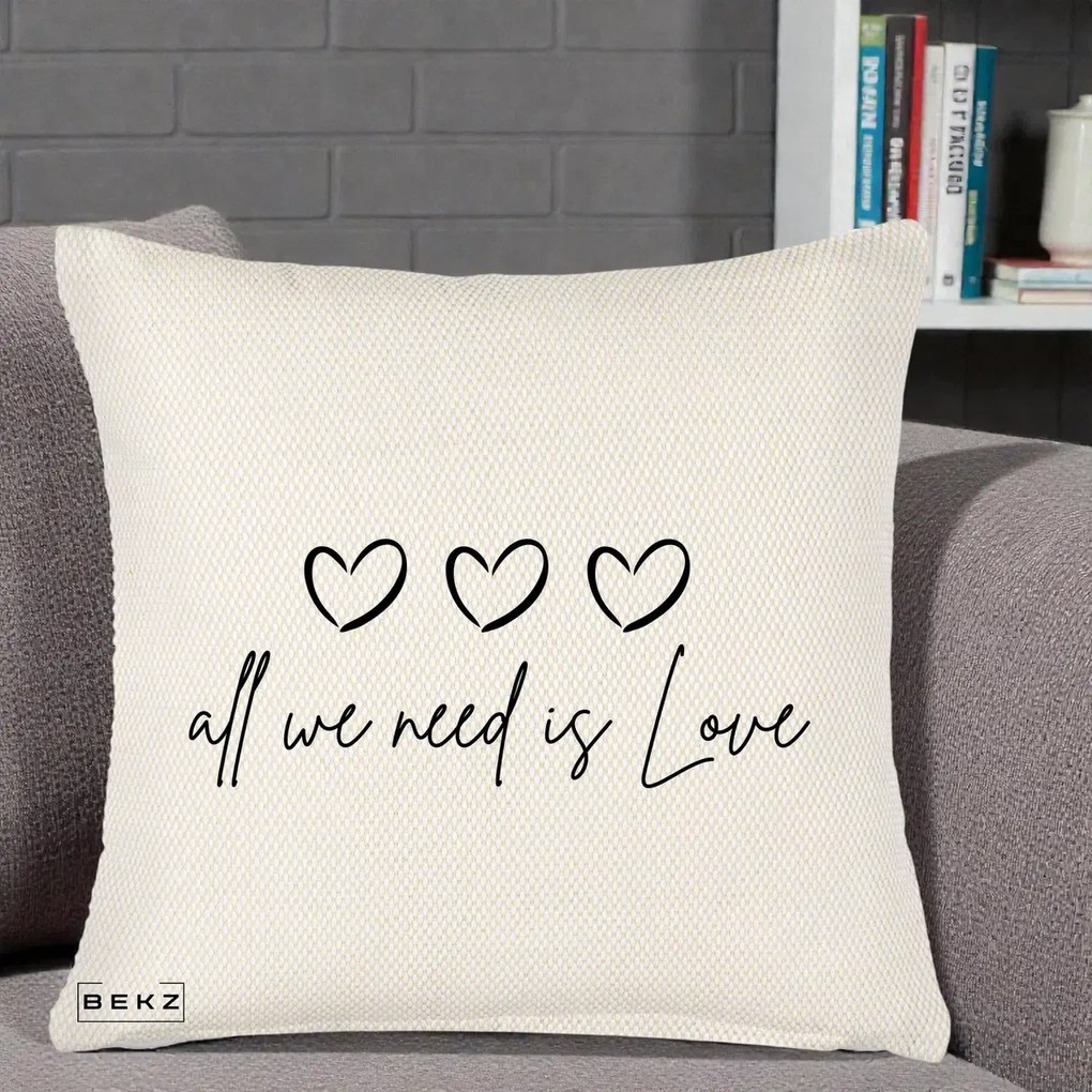 Perna Decorativa All We Need Is Love, 40x40 cm, Crem Reliefat, Husa Detasabila, Perna Inclusa, BEKZ®