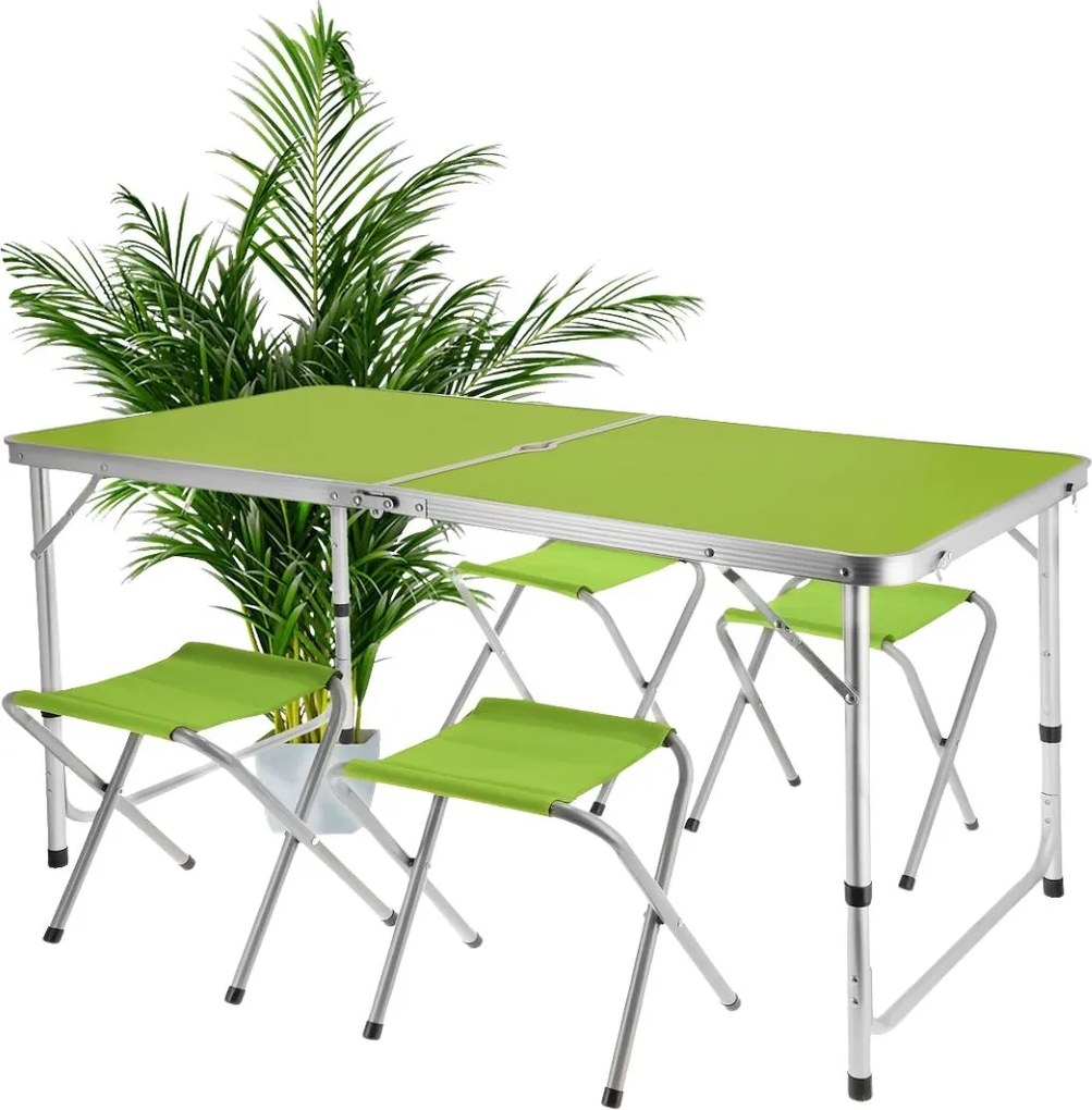 Set mobilier de camping pliabil, Jumi, verde, masă cu picioare reglabile și 4 tabureți
