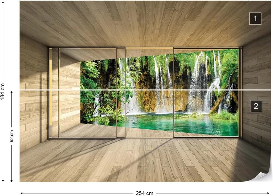 GLIX Fototapet - Waterfall Lake 3D Modern Window View Vliesová tapeta  - 254x184 cm