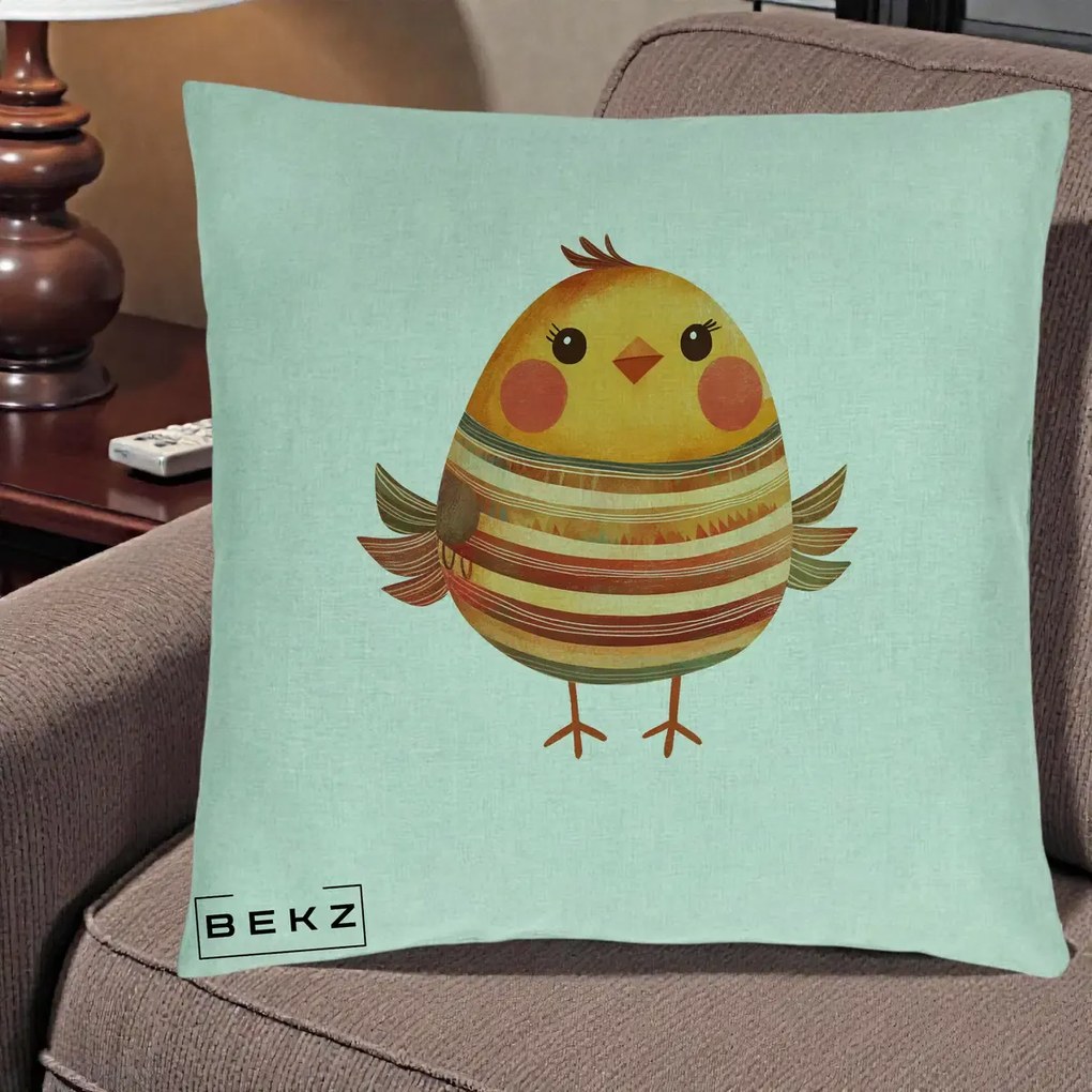 Perna Decorativa Pui Kawaii Portocaliu Dungi Calde, 40x40 cm, Verde Menta, Husa Detasabila, Perna Inclusa, BEKZ®