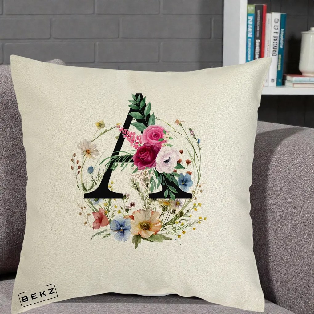 Cadou Personalizat - Perna Personalizata Monogram Litera A cu Flori Acuarela, 40x40 cm, Ecru, Husa Detasabila, Perna Inclusa, BEKZ®