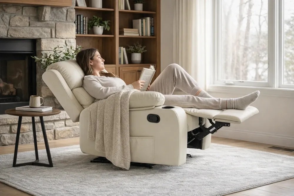 Fotoliu Masaj, Incalzire, rabatabil, sezut cu arcuri metalice, suport picioare extensibil, piele PU, Bej