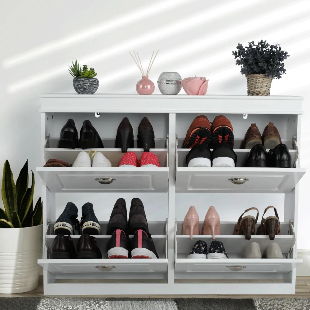 Pantofar mdf pal alb , 4 compartimente , suporturi inclinabile duble , Bortis Impex alb, 105 cm, 24 cm, 82.5 cm