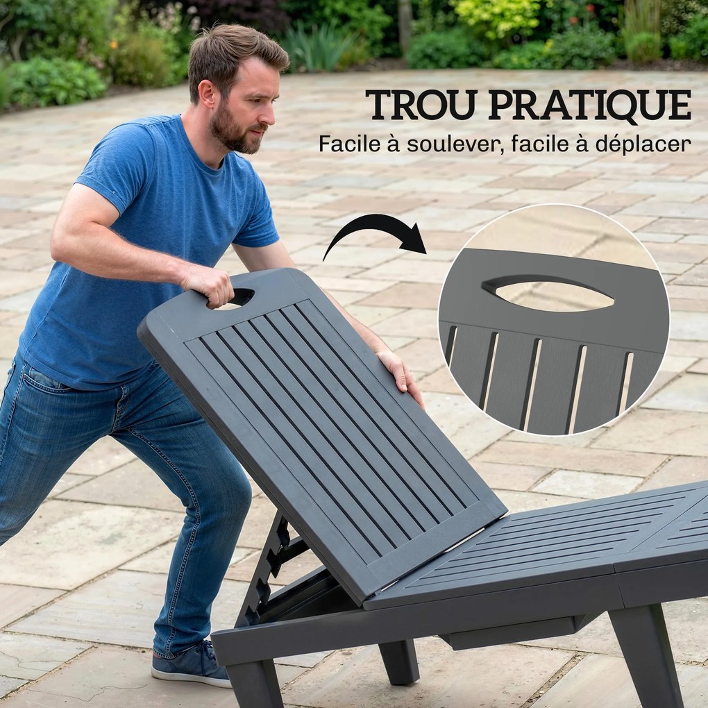 Outsunny Set de 2 șezlonguri de grădină din plastic PP cu tavă laterală, reglabile în 5 poziții, gri | Aosom Romania