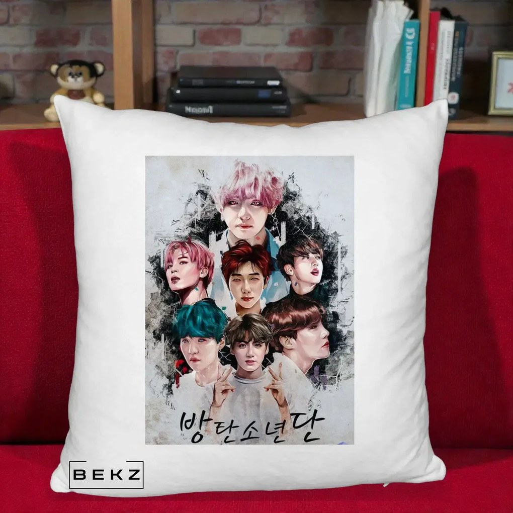 Perna Personalizata K-pop BTS Bangtan Boys Poster Artistic Negru Alb, 40x40 cm, Alb Pufos, Husa Detasabila, Perna Inclusa, BEKZ®