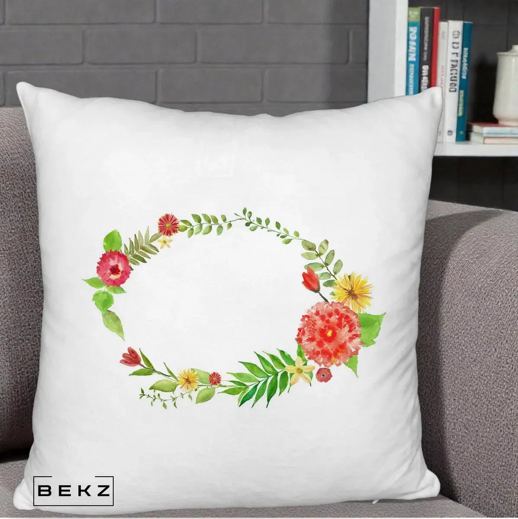 Perna Decorativa Coroana Florala Acuarela, 40x40 cm, Alb Pufos, Husa Detasabila, Perna Inclusa, BEKZ®