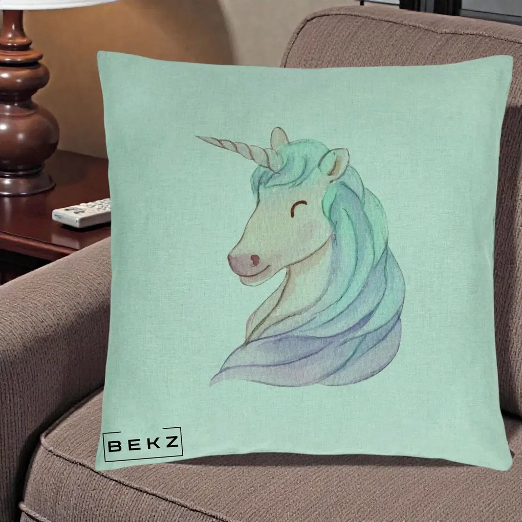 Perna Decorativa Unicorn Acuarela Pastel, 40x40 cm, Verde Menta, Husa Detasabila, Perna Inclusa, BEKZ®