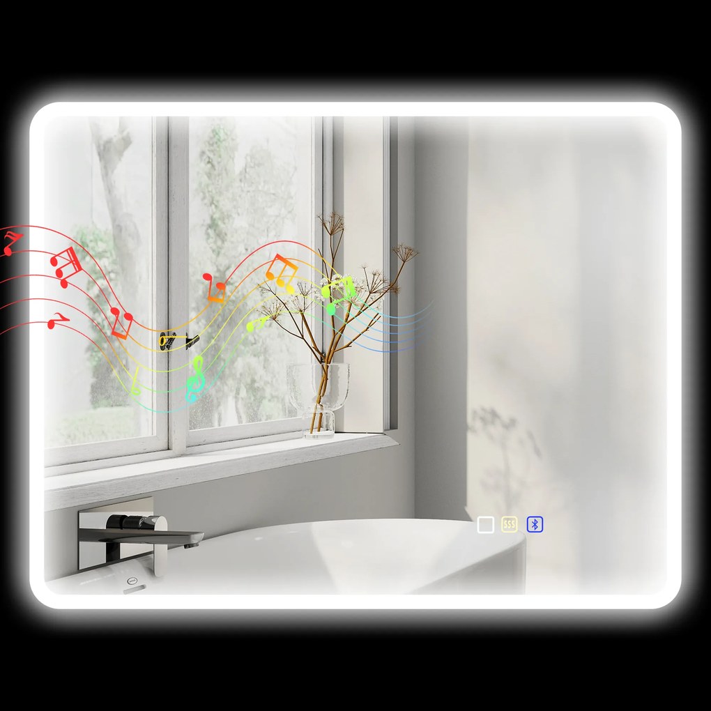 HOMCOM Oglindă de baie LED bluetooth 70 x 90 cm interruptor tactil lumină reglabilă 3 culori anti-abur memorie argintiu | Aosom Romania