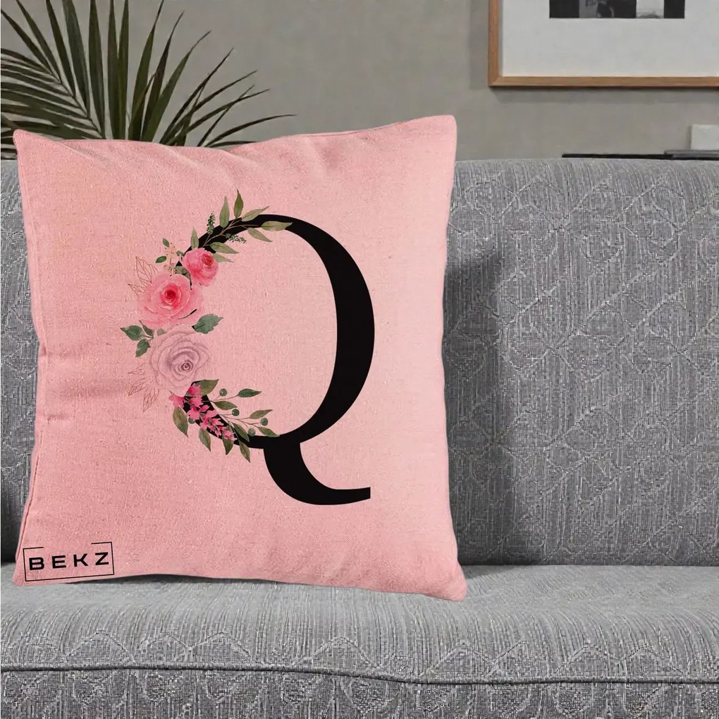 Cadou Personalizat - Perna Personalizata Monograma Florala Litera Q, 40x40 cm, Roz, Husa Detasabila, Perna Inclusa, BEKZ®