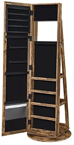 Dulap bijuterii cu oglinda, MDF melaminat / catifea, maro rustic, Songmics