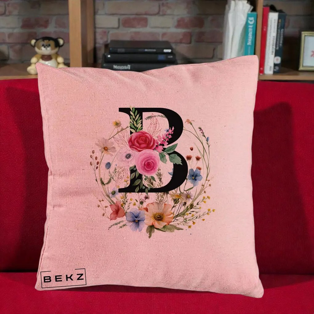 Cadou Personalizat - Perna Personalizata Monogram Litera B cu Flori Acuarela, 40x40 cm, Roz, Husa Detasabila, Perna Inclusa, BEKZ®