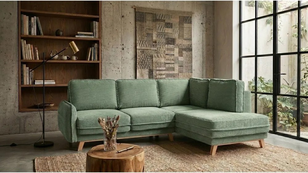 Colțar verde deschis extensibil cu tapițerie din catifea reiată (cu colț pe partea dreaptă) Tori – Bonami Selection