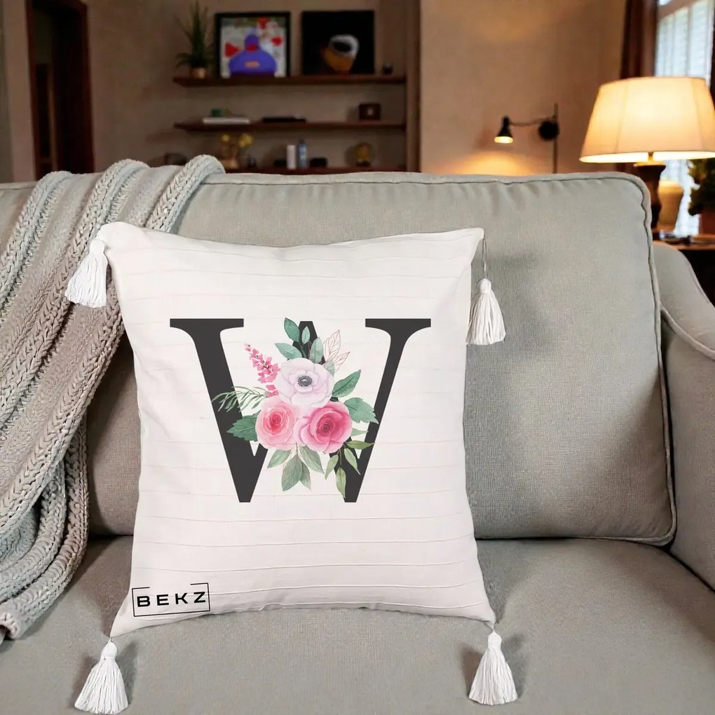 Cadou Personalizat - Perna Personalizata Monograma Florala Litera W cu Trandafiri si Anemona, 40x40 cm, Bej cu Franjuri, Husa Detasabila, Perna Inclusa, BEKZ®