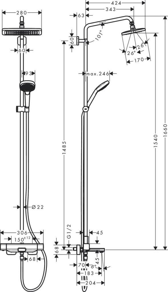 Sistem de cada/dus termostatic Hansgrohe Croma E 280, 1 jet, crom -  27687000