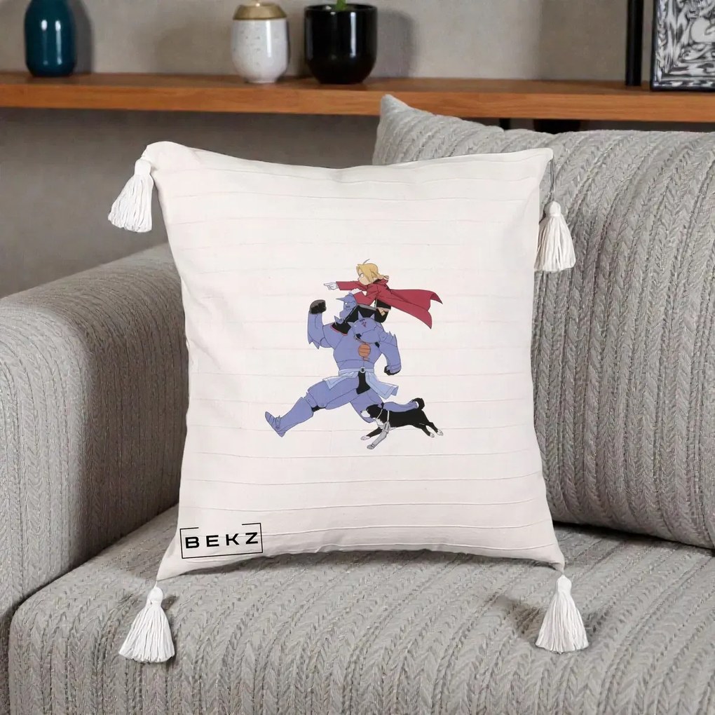 Perna Personalizata Fullmetal Alchemist Edward si Alphonse, 40x40 cm, Bej cu Franjuri, Husa Detasabila, Perna Inclusa, BEKZ®