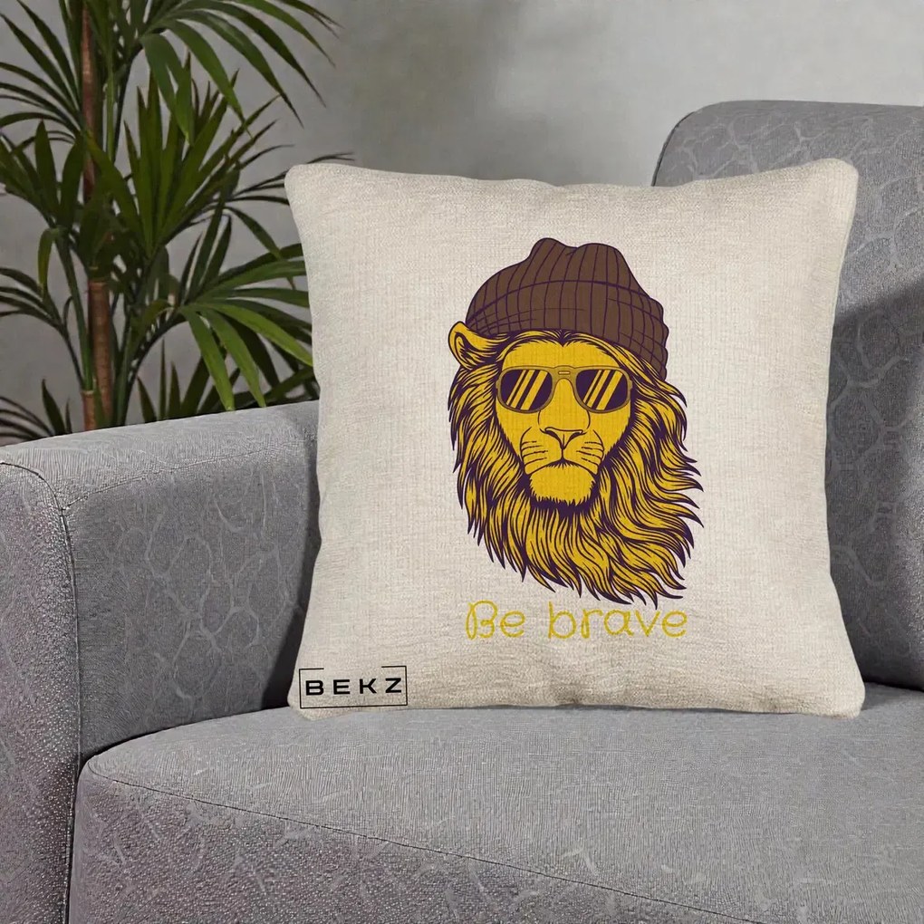 Perna Decorativa Leu Hipster Be Brave, 40x40 cm, Bej Canapea, Husa Detasabila, Perna Inclusa, BEKZ®