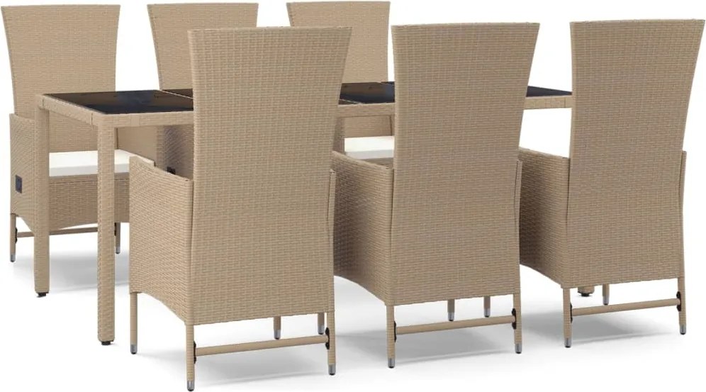 vidaXL Set de masă pentru grădină, 7 piese, cu perne, bej, poliratan