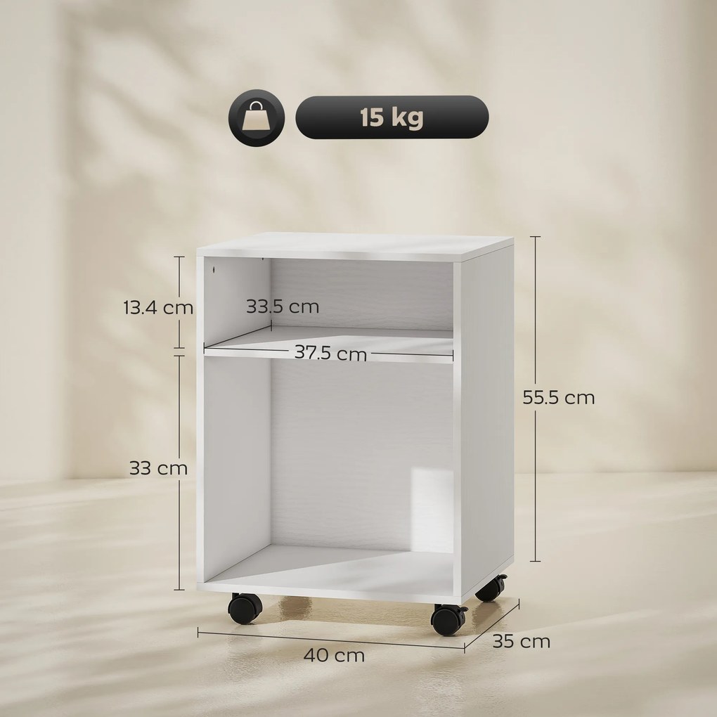HOMCOM Dulap pentru Imprimantă cu Roți și 2 Rafturi 40x35x55.5 cm, Alb | Aosom Romania