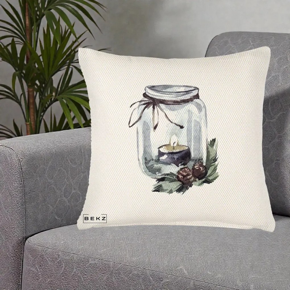 Perna Decorativa Felinar cu Lumanare si Conuri, 40x40 cm, Crem Reliefat, Husa Detasabila, Perna Inclusa, BEKZ®