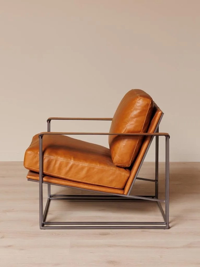 Fotoliu lounge din piele naturală cognac cu structură metalică, „Amsterdam”