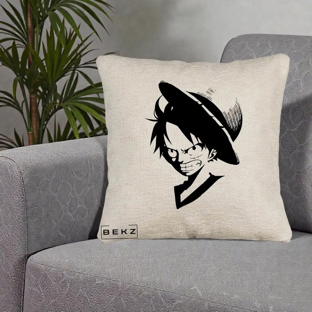 Perna Personalizata One Piece Luffy Silueta Alb-Negru, 40x40 cm, Bej Canapea, Husa Detasabila, Perna Inclusa, BEKZ®