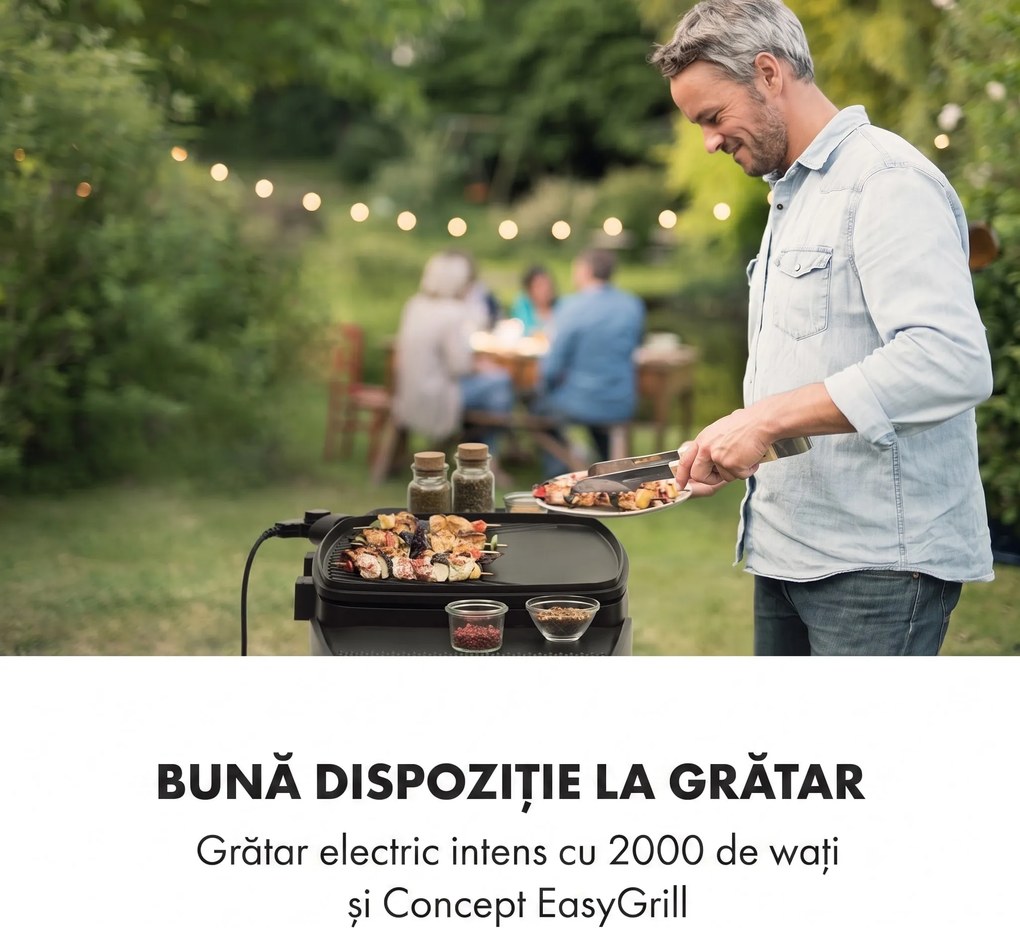 Klarstein Gatsby, grill electric, 2000 W, grilaj antiaderent, măsuțe laterale, negru