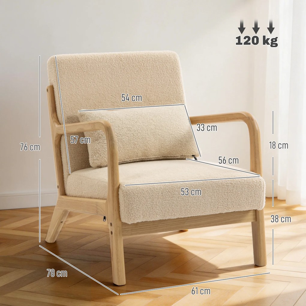 HOMCOM Fotoliu lounge - 3 perne incluse - șezut adânc - cotiere - structură lemn hévéa - aspect catifea bej | Aosom Romania