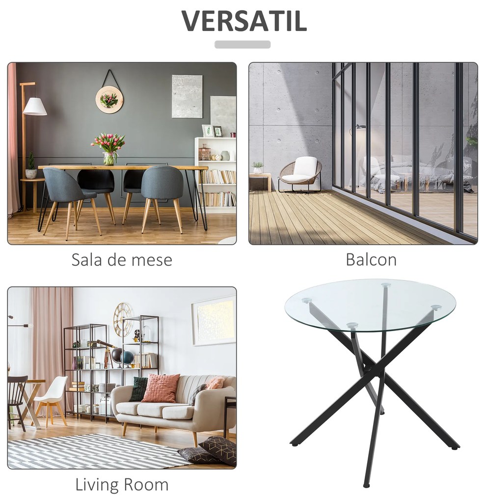 HOMCOM Masa Rotunda din Sticla si Picioare Incrucisate din Metal, Masuta Moderna pentru Sufragerie si Birou, 80x80x75cm, Negru